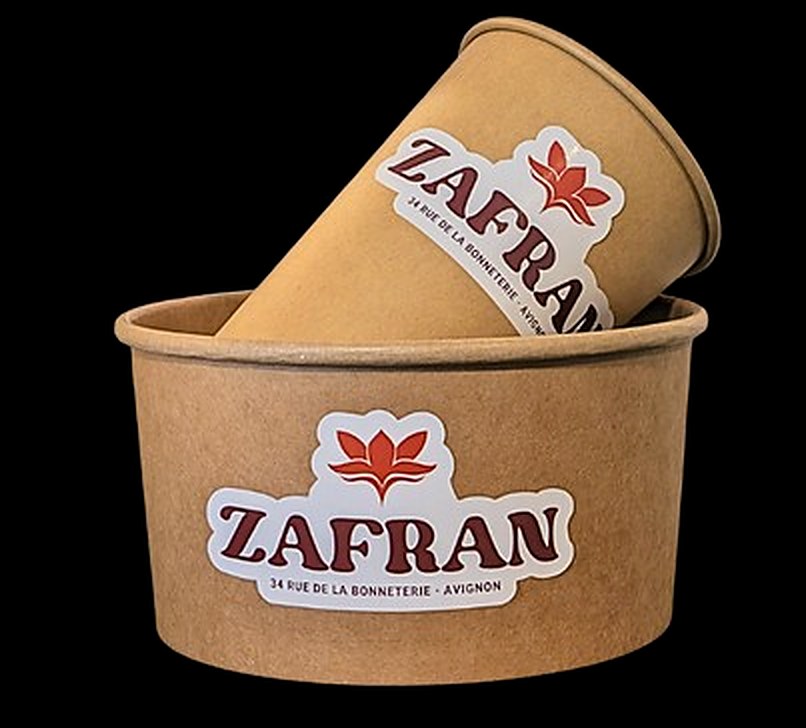 Boîte et gobelet kraft Zafran avec sticker logo et adresse
